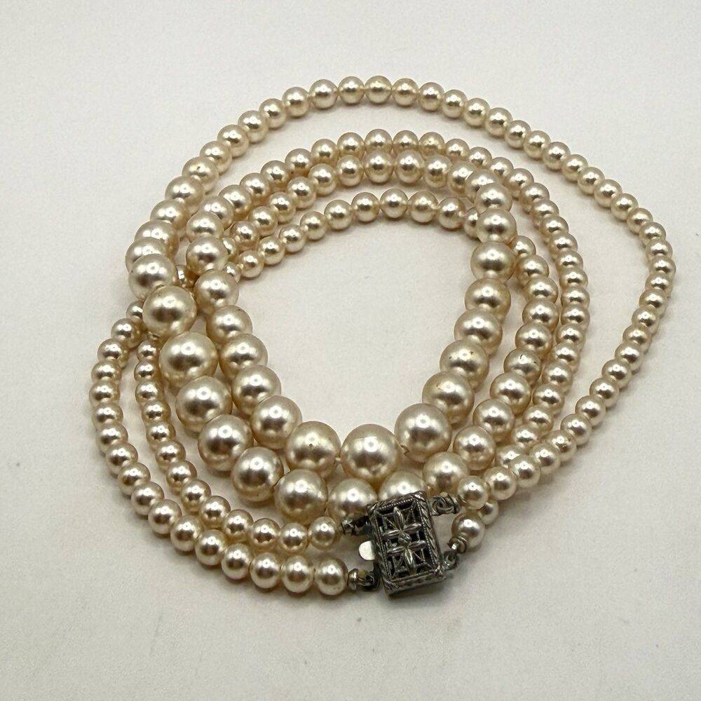Vtg Sterling Clasp Double Strand Graduated Faux Glass Pearl Necklace Cream Deco